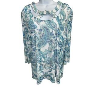 Juniper & Lime Top XL Green Blue White Lined Stretch Floral Paisley 3/4 Sleeves